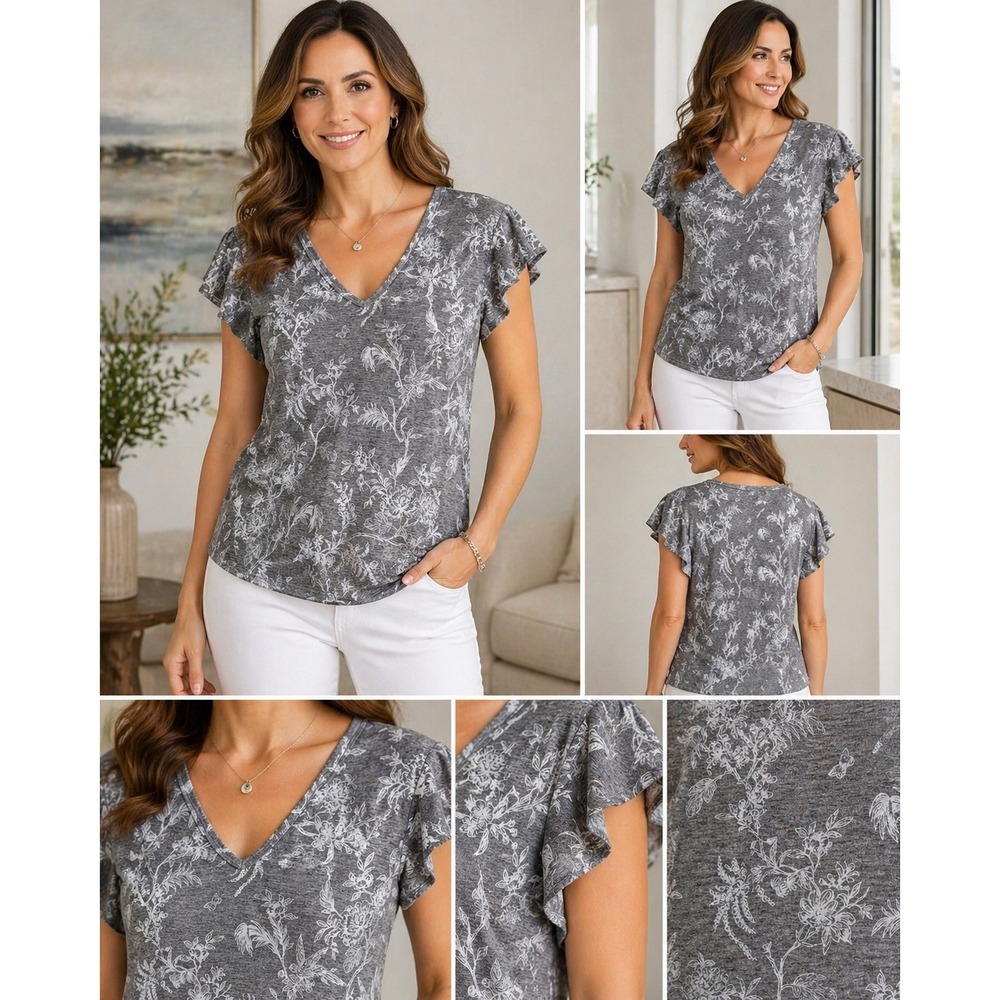 WHBM Floral V Neck Blouse Large Gray White Flutter Sleeve Soft Stretch Top